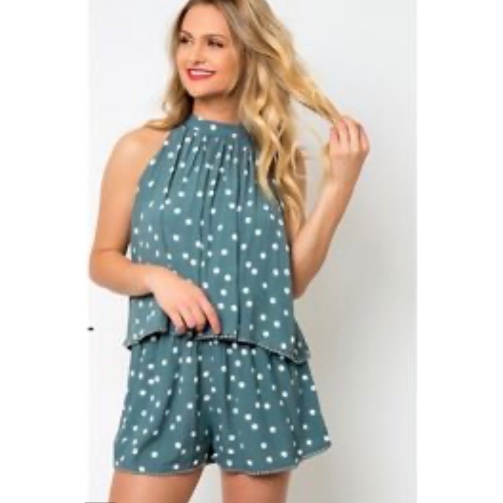 VICI Polka Dot Halter Romper Teal Green Pom Pom Trim Popover Large